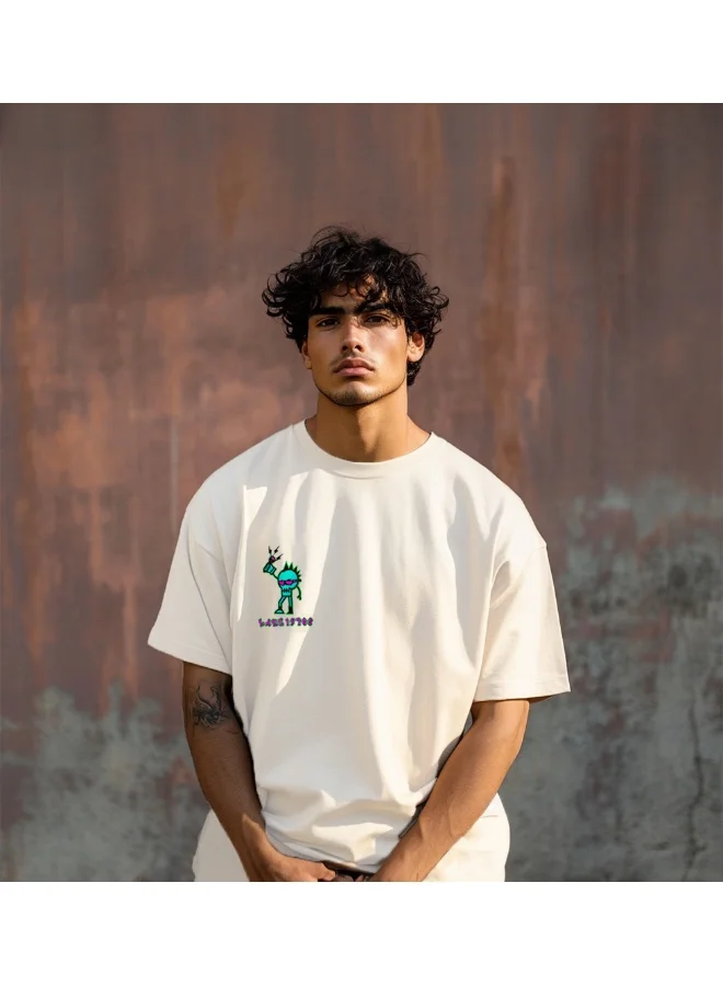 فيردو Veirdo White Oversized Cotton Crew Neck T-Shirt with Chest Print for Men