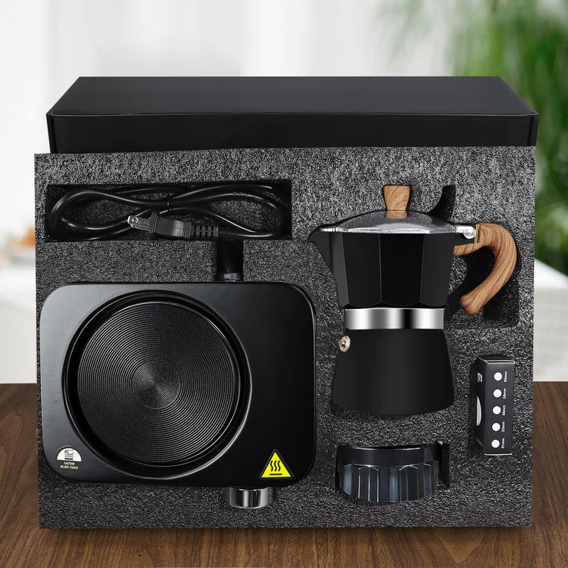 DITOSH 4-in-1 Moka Pot Espresso Set with Electric Stove 3 Cup Aluminum Stovetop Coffee Maker Percolator Italian Classic Mocha Coffee Machine with Powder Dispenser Filter Paper Portable Camping Black - Image 1