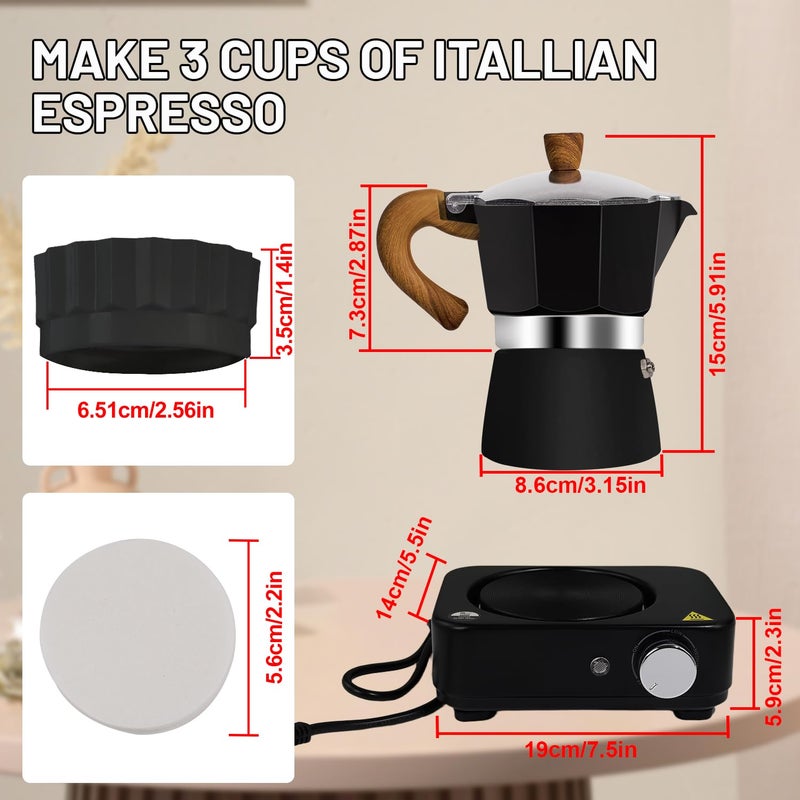 DITOSH 4-in-1 Moka Pot Espresso Set with Electric Stove 3 Cup Aluminum Stovetop Coffee Maker Percolator Italian Classic Mocha Coffee Machine with Powder Dispenser Filter Paper Portable Camping Black - Image 2