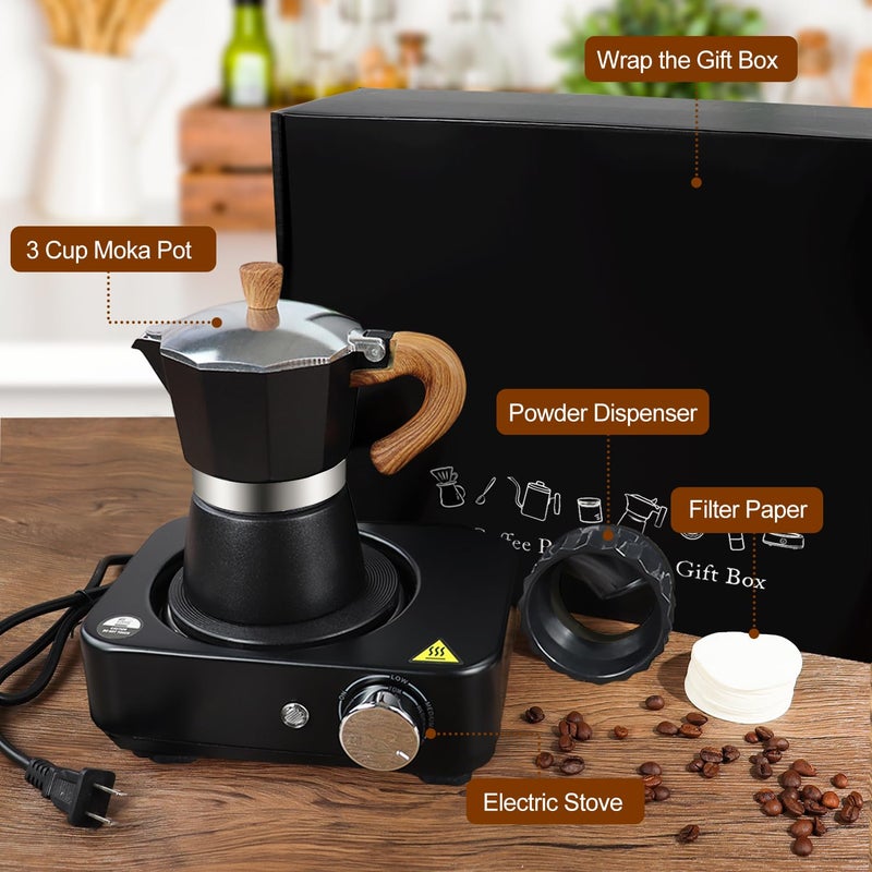 DITOSH 4-in-1 Moka Pot Espresso Set with Electric Stove 3 Cup Aluminum Stovetop Coffee Maker Percolator Italian Classic Mocha Coffee Machine with Powder Dispenser Filter Paper Portable Camping Black - Image 3