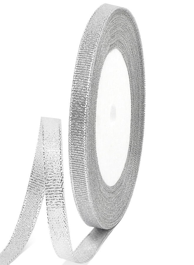Quhora 3/8" X 25 Yards Silver Glitter Ribbon, Sparkly Metallic Fabric Ribbon for Crafts, Gift Wrapping, Wedding, Christmas Decoration - Image 1