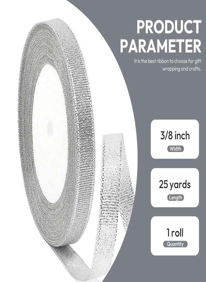 Quhora 3/8" X 25 Yards Silver Glitter Ribbon, Sparkly Metallic Fabric Ribbon for Crafts, Gift Wrapping, Wedding, Christmas Decoration - Image 2