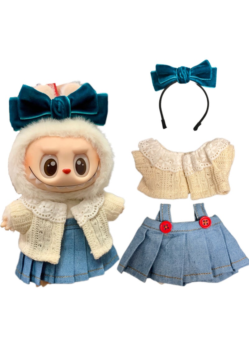 CUNUUDOOL 3pcs Cute Clothes Set & Outfit Set For 17cm Dolls,Labubu Clothes,Include:White Knitted Cardigan,Denim Suspender Skirt,a Bow Hair Hoop Accessories.Interchangeable Clothing For 1/2/3, Generation.  - Image 1
