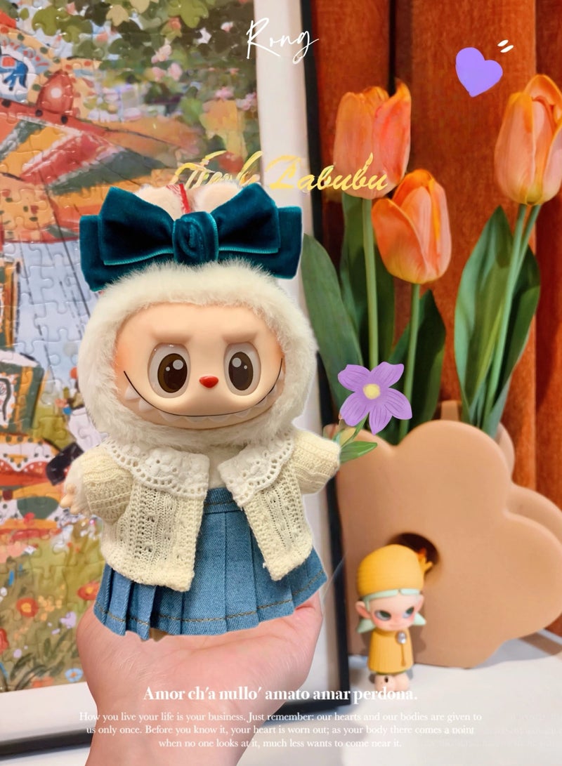 CUNUUDOOL 3pcs Cute Clothes Set & Outfit Set For 17cm Dolls,Labubu Clothes,Include:White Knitted Cardigan,Denim Suspender Skirt,a Bow Hair Hoop Accessories.Interchangeable Clothing For 1/2/3, Generation.  - Image 2