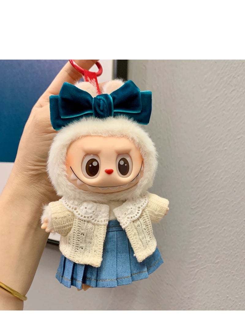 CUNUUDOOL 3pcs Cute Clothes Set & Outfit Set For 17cm Dolls,Labubu Clothes,Include:White Knitted Cardigan,Denim Suspender Skirt,a Bow Hair Hoop Accessories.Interchangeable Clothing For 1/2/3, Generation.  - Image 3