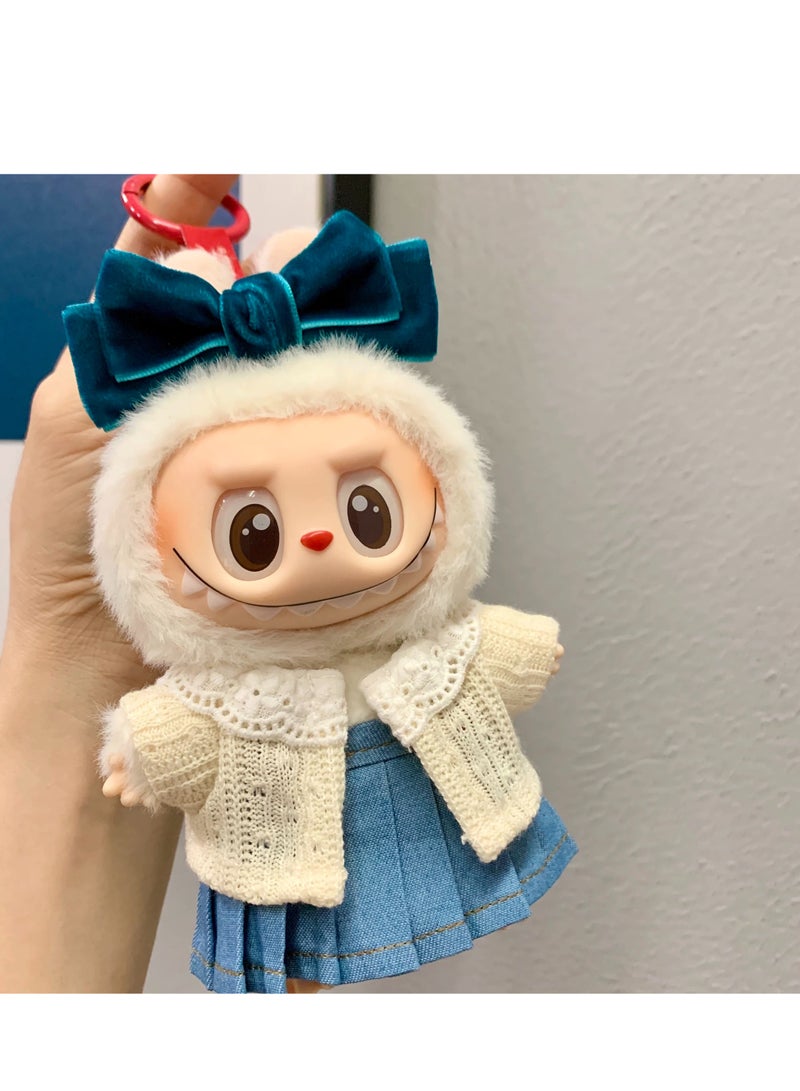 CUNUUDOOL 3pcs Cute Clothes Set & Outfit Set For 17cm Dolls,Labubu Clothes,Include:White Knitted Cardigan,Denim Suspender Skirt,a Bow Hair Hoop Accessories.Interchangeable Clothing For 1/2/3, Generation.  - Image 4