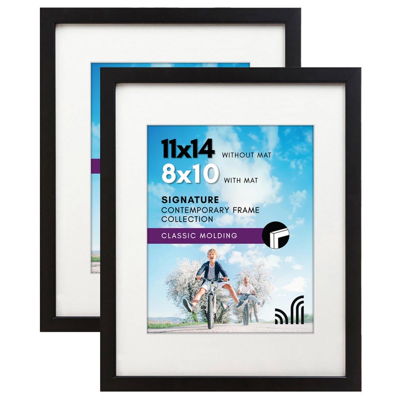 Americanflat 11x14 Picture Frame with Shatter-Resistant Glass - Set of 2 - Use as 8x10 Frame with Mat or Display 11x14 Photo Without Mat - Signature Collection - Picture Frames for Wall - Black - Image 1