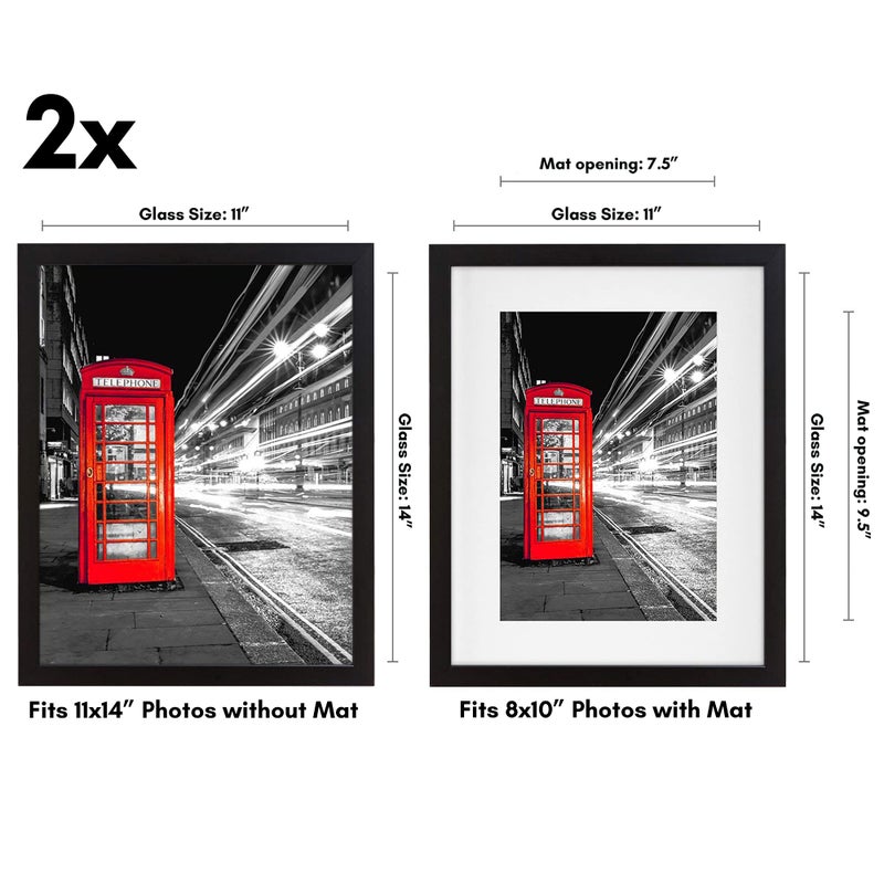 Americanflat 11x14 Picture Frame with Shatter-Resistant Glass - Set of 2 - Use as 8x10 Frame with Mat or Display 11x14 Photo Without Mat - Signature Collection - Picture Frames for Wall - Black - Image 2
