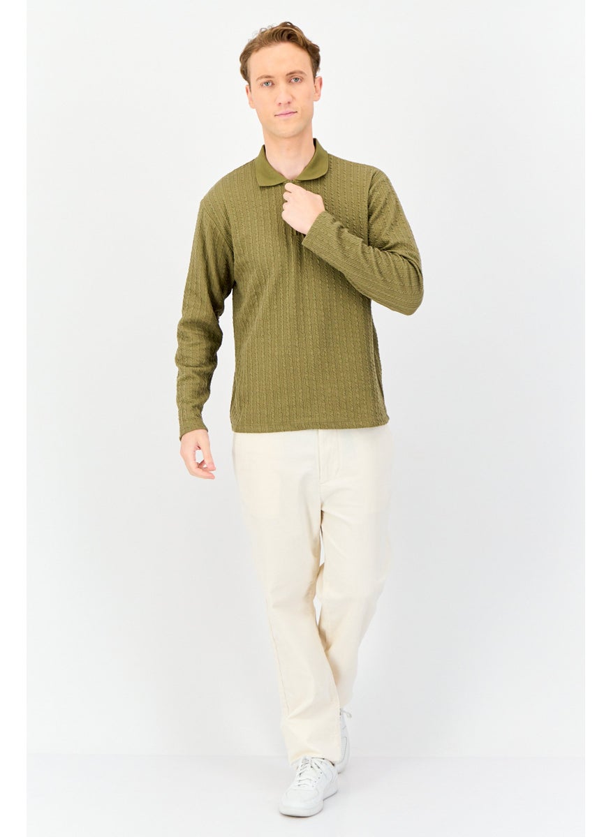 Jack Jones Men Regular Fit Long Sleeve Textured Polo Shirt, Olive  - Image 3