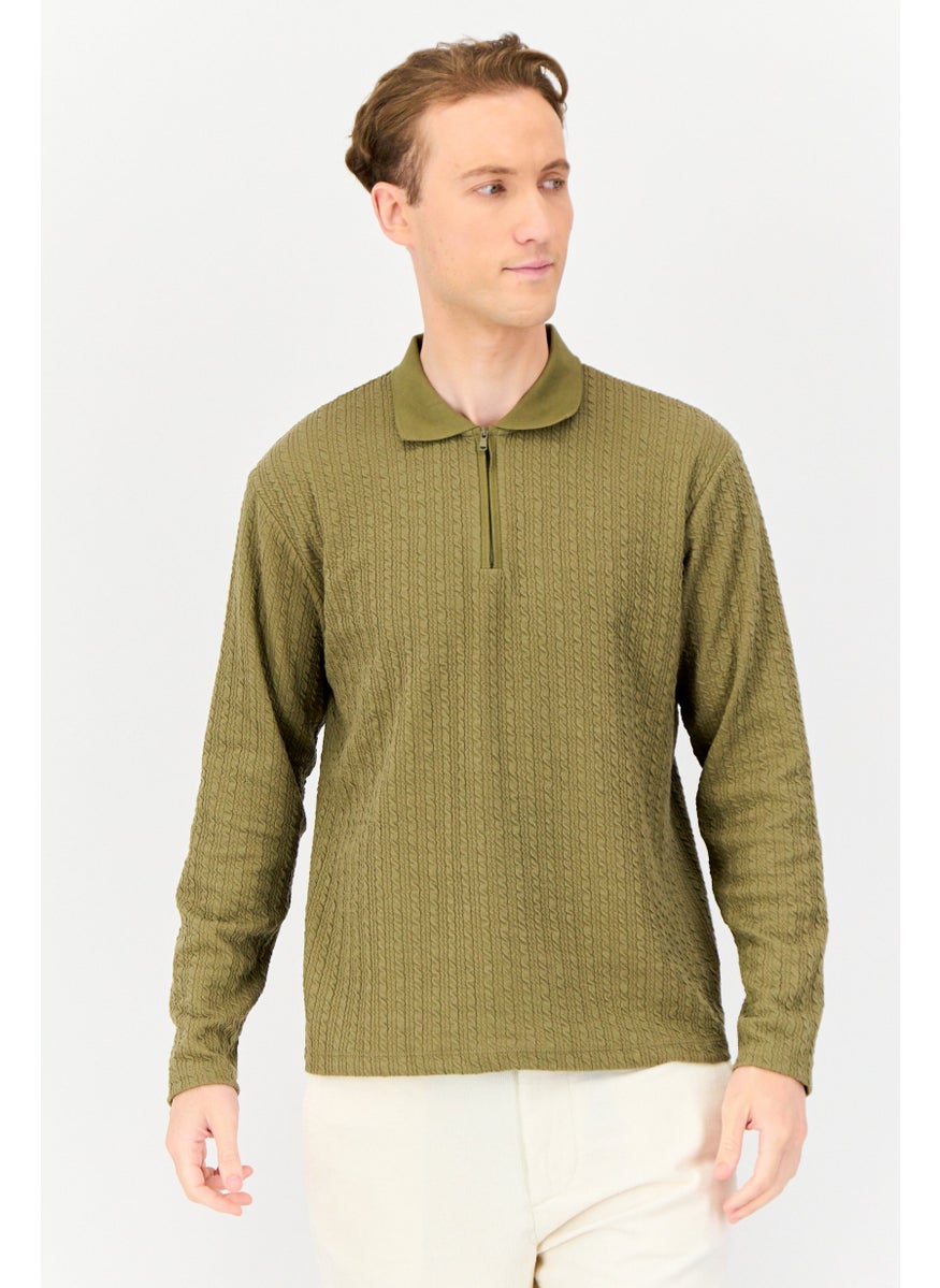 Jack Jones Men Regular Fit Long Sleeve Textured Polo Shirt, Olive  - Image 1