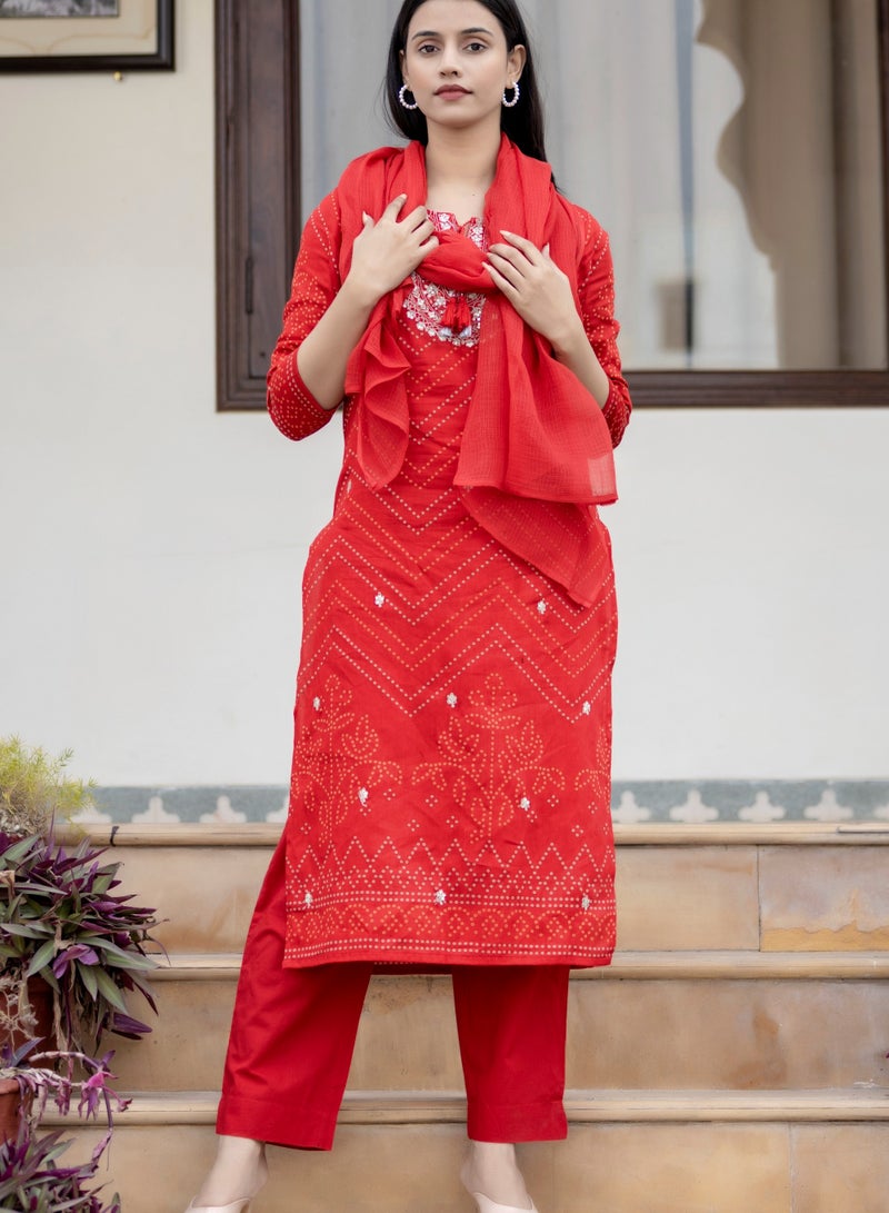 Swadesh Souq Red Embroidered Cotton Kurta Sharara Set with Dupatta – Festive Ethnic Wear for Women  - Image 1