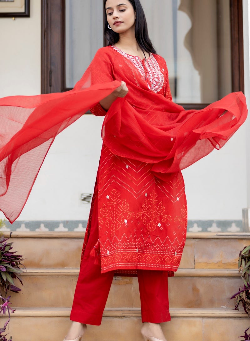 Swadesh Souq Red Embroidered Cotton Kurta Sharara Set with Dupatta – Festive Ethnic Wear for Women  - Image 2