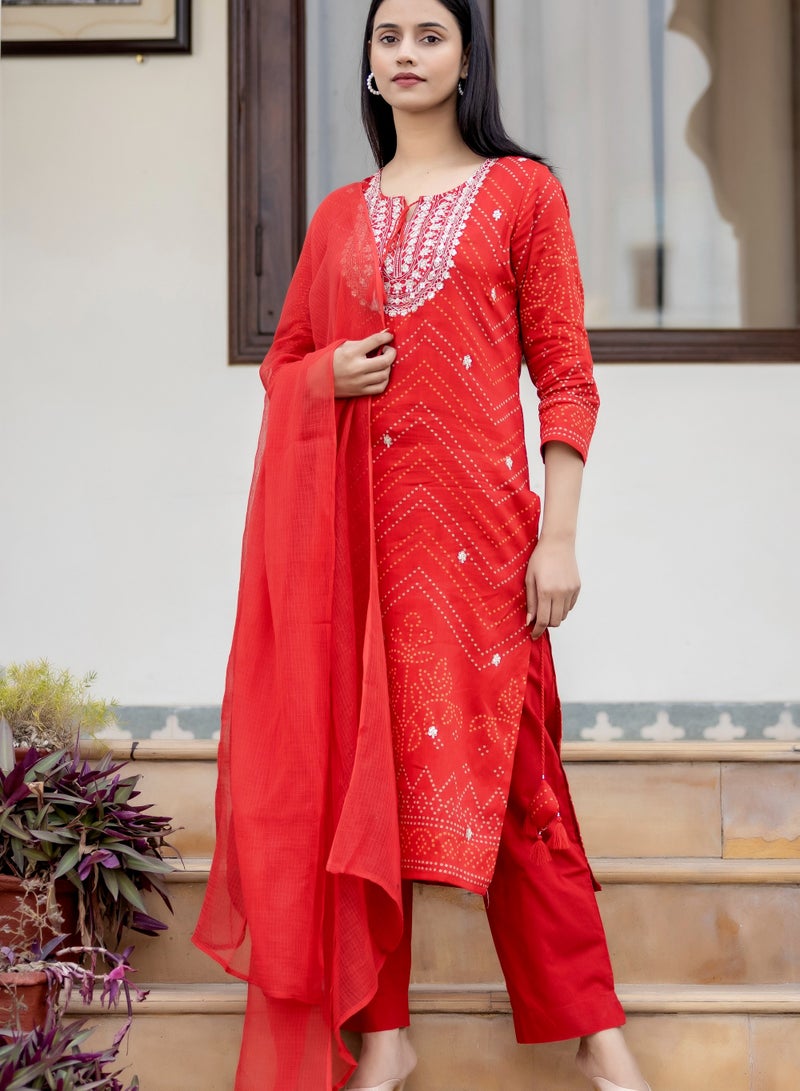 Swadesh Souq Red Embroidered Cotton Kurta Sharara Set with Dupatta – Festive Ethnic Wear for Women  - Image 5