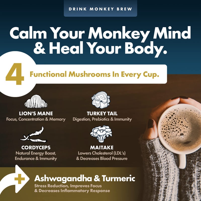 Monkey Brew Original - USDA Organic Mushroom Tea Drink - Non-Caffeinated Mushroom Coffee Alternative with Cacao Powder, Lion's Mane, Turkey Tail, Ashwagandha, Turmeric - Boosts Energy Focus & Immunity - Image 2