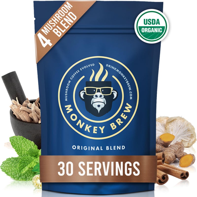 Monkey Brew Original - USDA Organic Mushroom Tea Drink - Non-Caffeinated Mushroom Coffee Alternative with Cacao Powder, Lion's Mane, Turkey Tail, Ashwagandha, Turmeric - Boosts Energy Focus & Immunity - Image 1