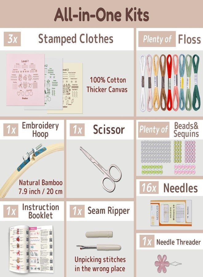 Bradove Beginner Embroidery Kit for Adults Kids, Learn to Embroider 37 Stitches and 13 Cute Patterns, Stitches Kit, Bead Embroidery Kit, Beginner Embroidery Practice - Image 4