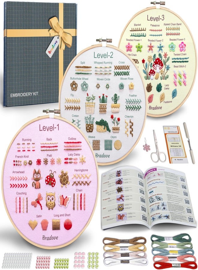 Bradove Beginner Embroidery Kit for Adults Kids, Learn to Embroider 37 Stitches and 13 Cute Patterns, Stitches Kit, Bead Embroidery Kit, Beginner Embroidery Practice - Image 1