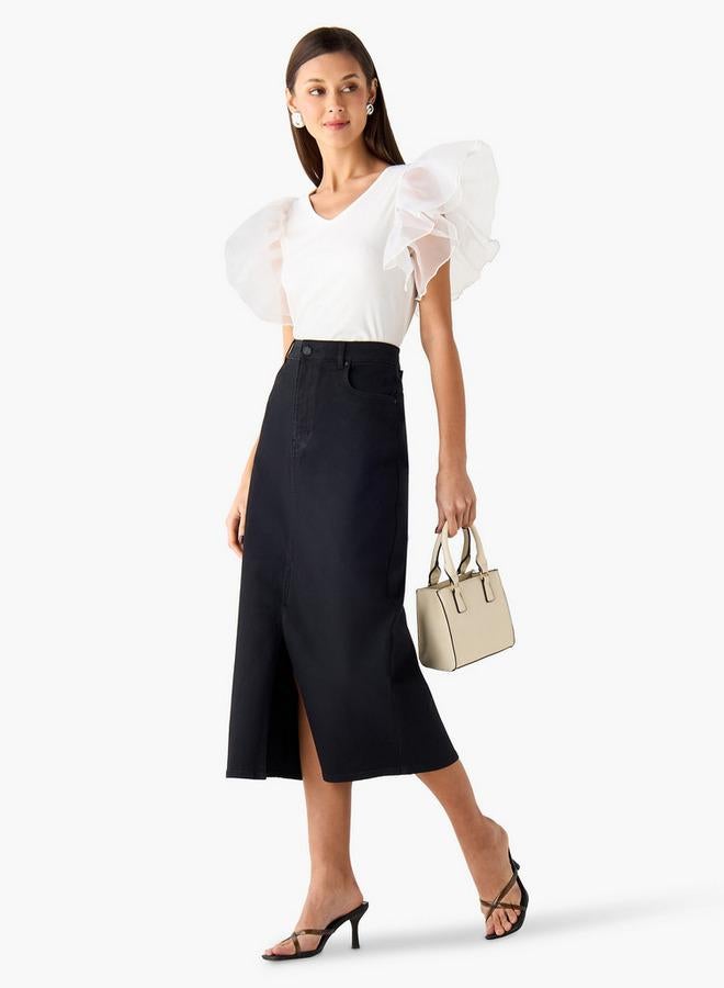 تواكستريمز بلوزة بياقة على شكل حرف  بنسيج مزخرف وأكمام مدمجة - Image 2