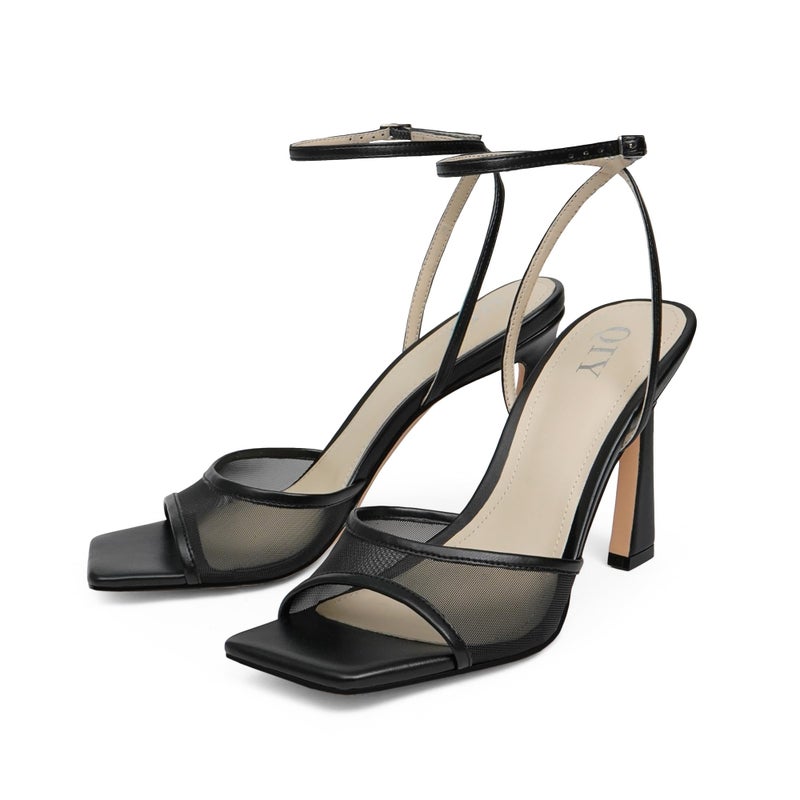 QIY Black Strappy Heels for Women High Heels Stilettos Open Square Toe Heel 3 Inch Summer Dress Faux Leather Mesh Black Heel Heeled Sandals Size 7.5 - Image 5