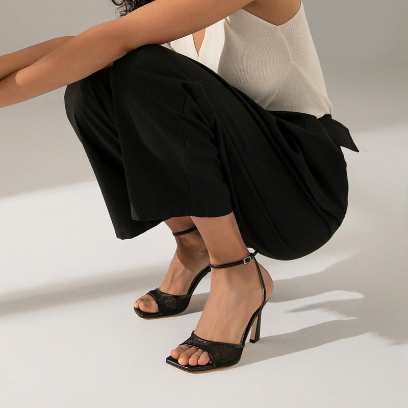 QIY Black Strappy Heels for Women High Heels Stilettos Open Square Toe Heel 3 Inch Summer Dress Faux Leather Mesh Black Heel Heeled Sandals Size 7.5 - Image 3