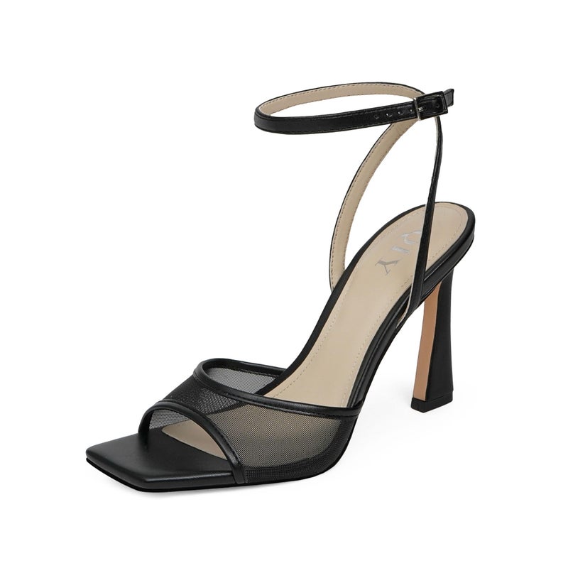 QIY Black Strappy Heels for Women High Heels Stilettos Open Square Toe Heel 3 Inch Summer Dress Faux Leather Mesh Black Heel Heeled Sandals Size 7.5 - Image 1