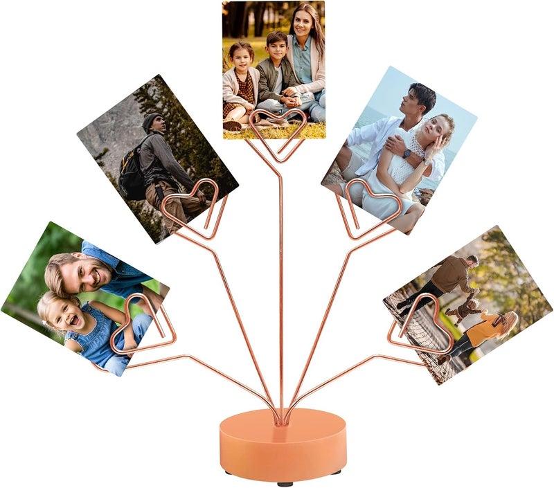 FaitAtten Desktop Heart-Shaped Photo Tree Style Holders Round Base,5-Branch Family Picture Frame Clips Holder Desk Card Display Stand for Christmas,Wedding, Birthday Party,Gift (Rose Gold) - Image 1