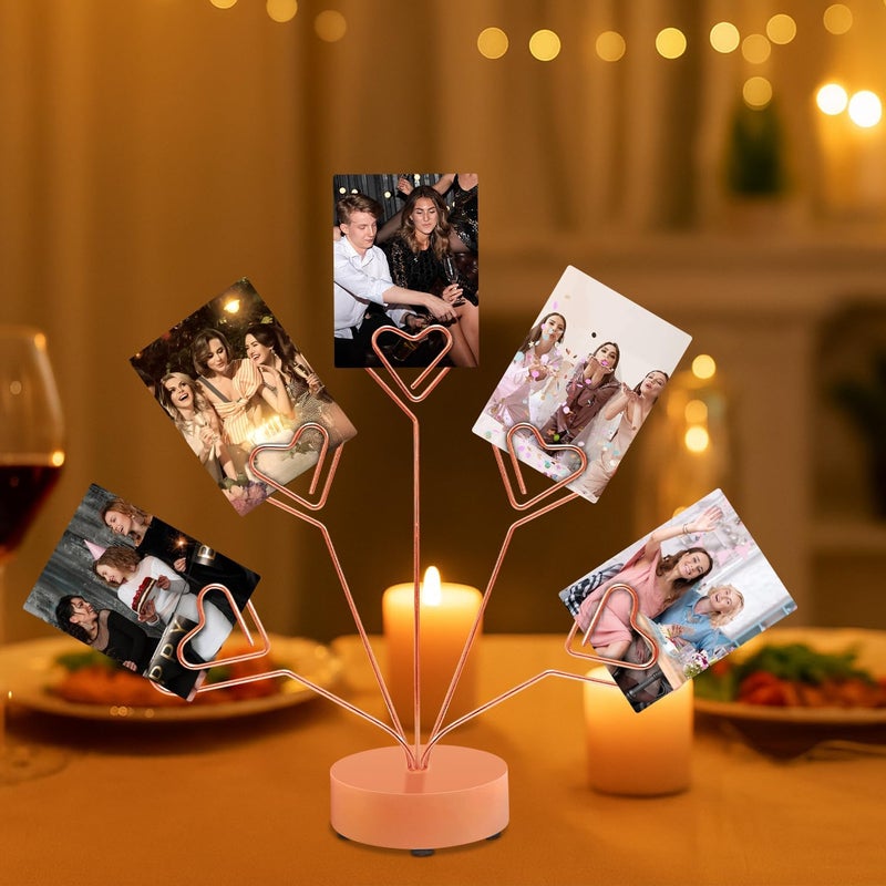 FaitAtten Desktop Heart-Shaped Photo Tree Style Holders Round Base,5-Branch Family Picture Frame Clips Holder Desk Card Display Stand for Christmas,Wedding, Birthday Party,Gift (Rose Gold) - Image 3