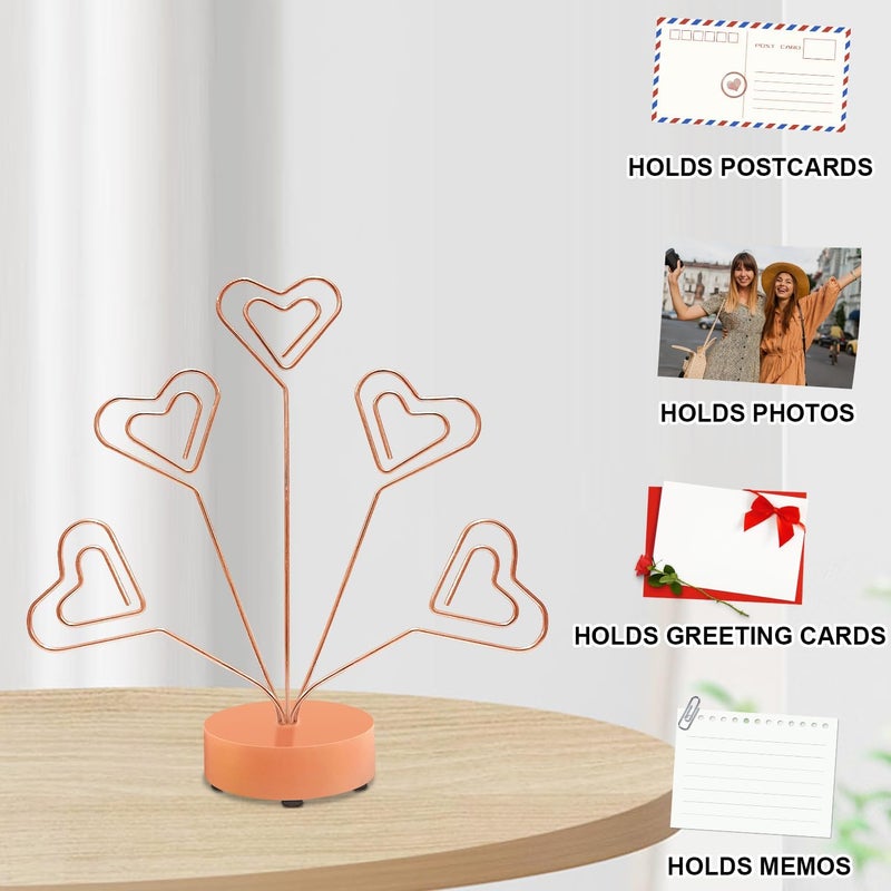 FaitAtten Desktop Heart-Shaped Photo Tree Style Holders Round Base,5-Branch Family Picture Frame Clips Holder Desk Card Display Stand for Christmas,Wedding, Birthday Party,Gift (Rose Gold) - Image 2