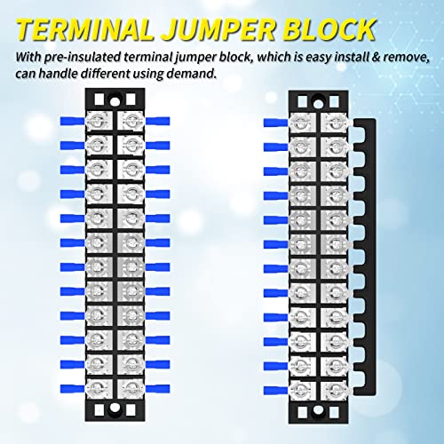 Joinfworld 35A Terminal Block 12 Position Screw Terminal Strip Dual Row with Cover and 12 Position Pre-Insulated Terminal Jumper Block - 2pcs - Image 4