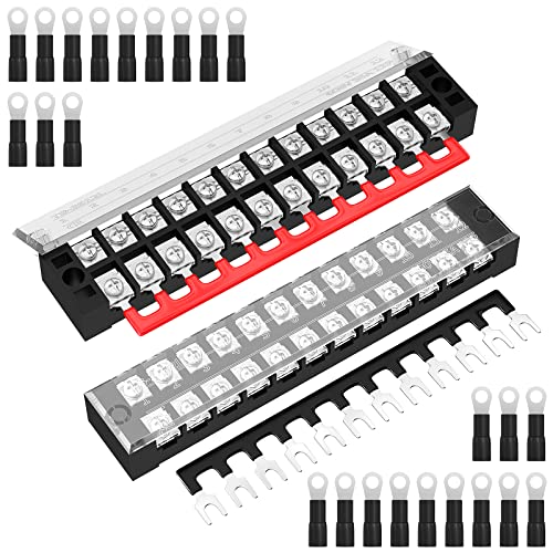Joinfworld 35A Terminal Block 12 Position Screw Terminal Strip Dual Row with Cover and 12 Position Pre-Insulated Terminal Jumper Block - 2pcs - Image 1