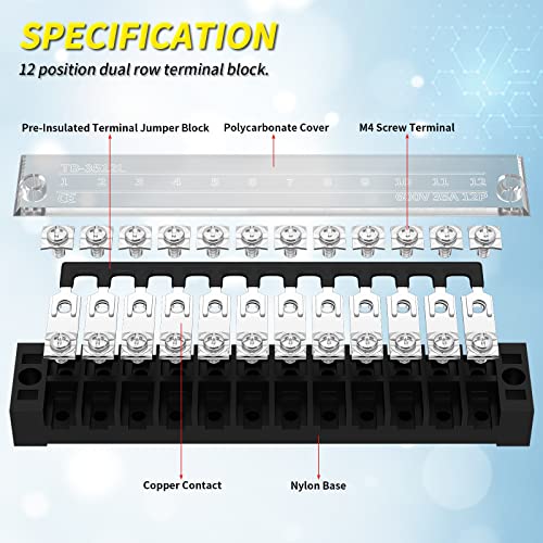 Joinfworld 35A Terminal Block 12 Position Screw Terminal Strip Dual Row with Cover and 12 Position Pre-Insulated Terminal Jumper Block - 2pcs - Image 3