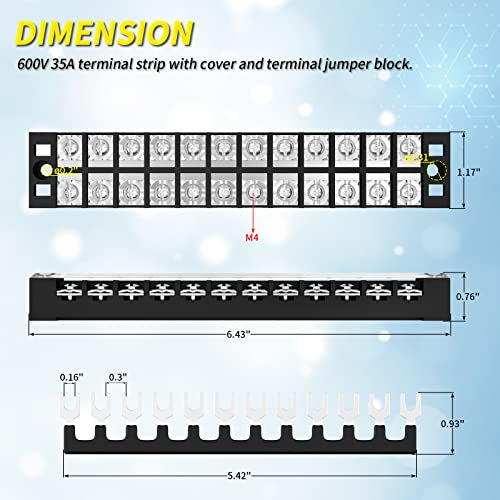 Joinfworld 35A Terminal Block 12 Position Screw Terminal Strip Dual Row with Cover and 12 Position Pre-Insulated Terminal Jumper Block - 2pcs - Image 2
