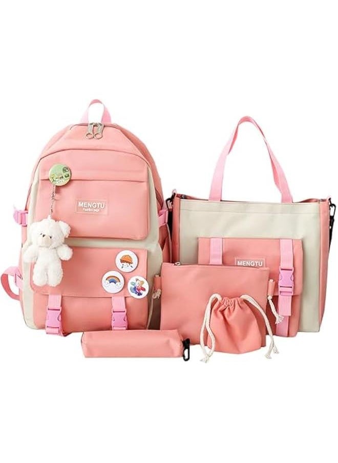 TRASSLE Backpack set 5Pcs Aesthetic School Bags backpack set with Pendant Lunch Bag,Pencil Case,Handbag,Coin Purse  - Image 1