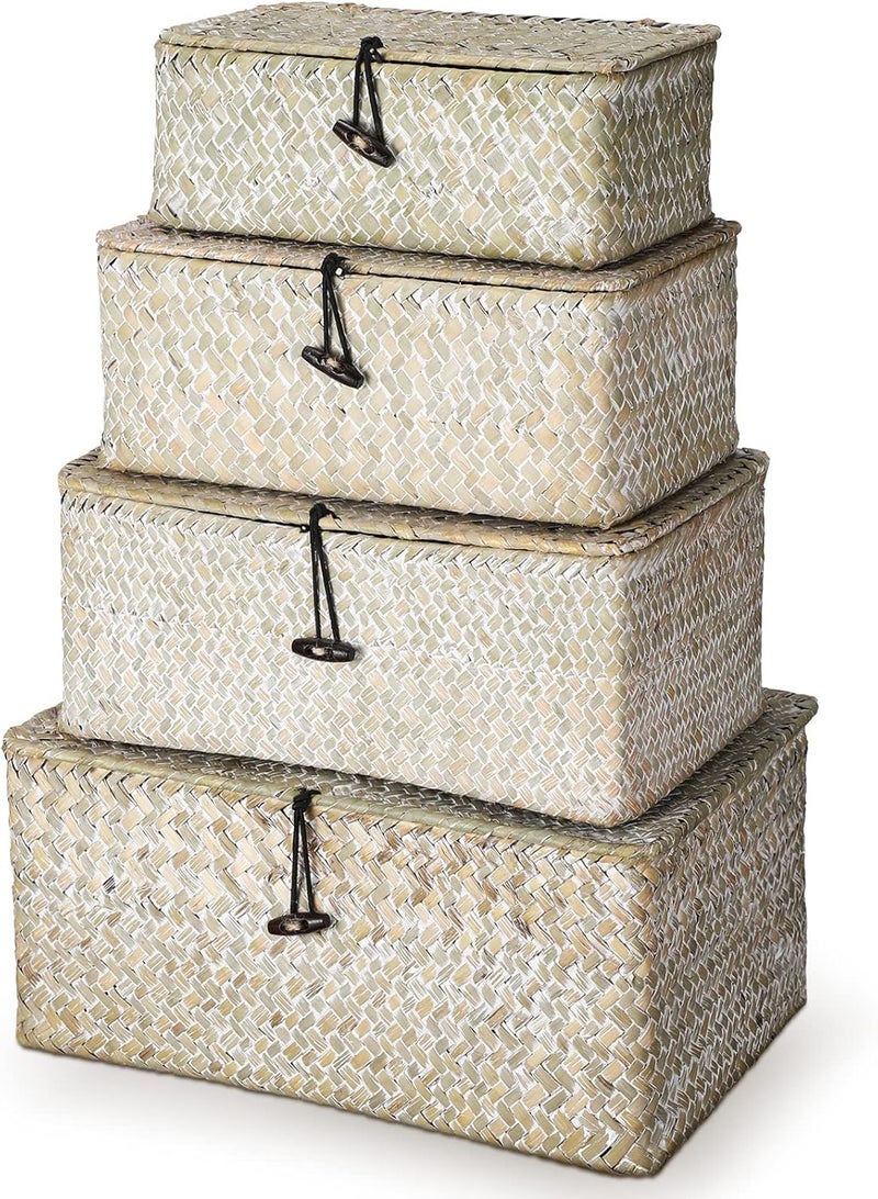Woanger Set of 4 Wicker Storage Baskets Organizer，Handwoven Storage Bins with Lid for Organizing, Home Utility Box for Home Office Supplies Multipurpose Container(White) - Image 1