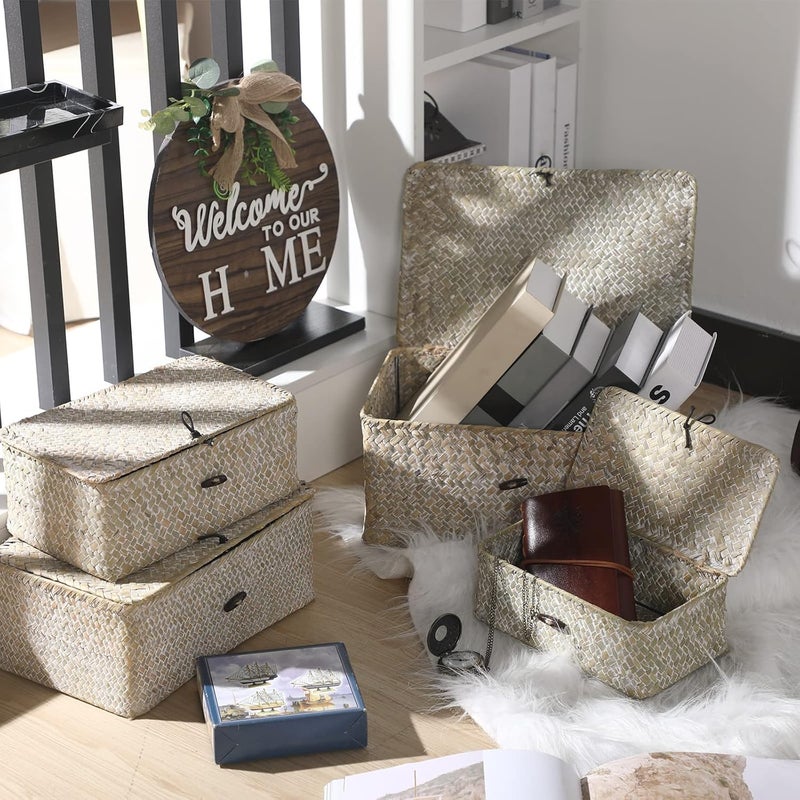 Woanger Set of 4 Wicker Storage Baskets Organizer，Handwoven Storage Bins with Lid for Organizing, Home Utility Box for Home Office Supplies Multipurpose Container(White) - Image 4
