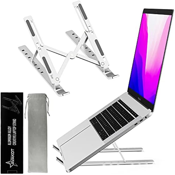 AVAKOT PORTABLE LAPTOP STAND COMPUTER STAND FOR LAPTOP ERGONOMIC ALUMINUM LAPTOP STAND | ADJUSTABLE LAPTOP RISER NOTEBOOK HOLDER STAND COMPATIBLE WITH MACBOOK,IPAD,LENOVO 9-15.6" LAPTOPS | SILVER - Image 1