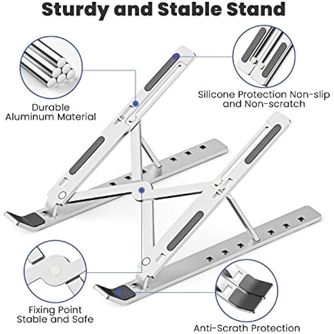 AVAKOT PORTABLE LAPTOP STAND COMPUTER STAND FOR LAPTOP ERGONOMIC ALUMINUM LAPTOP STAND | ADJUSTABLE LAPTOP RISER NOTEBOOK HOLDER STAND COMPATIBLE WITH MACBOOK,IPAD,LENOVO 9-15.6" LAPTOPS | SILVER - Image 3