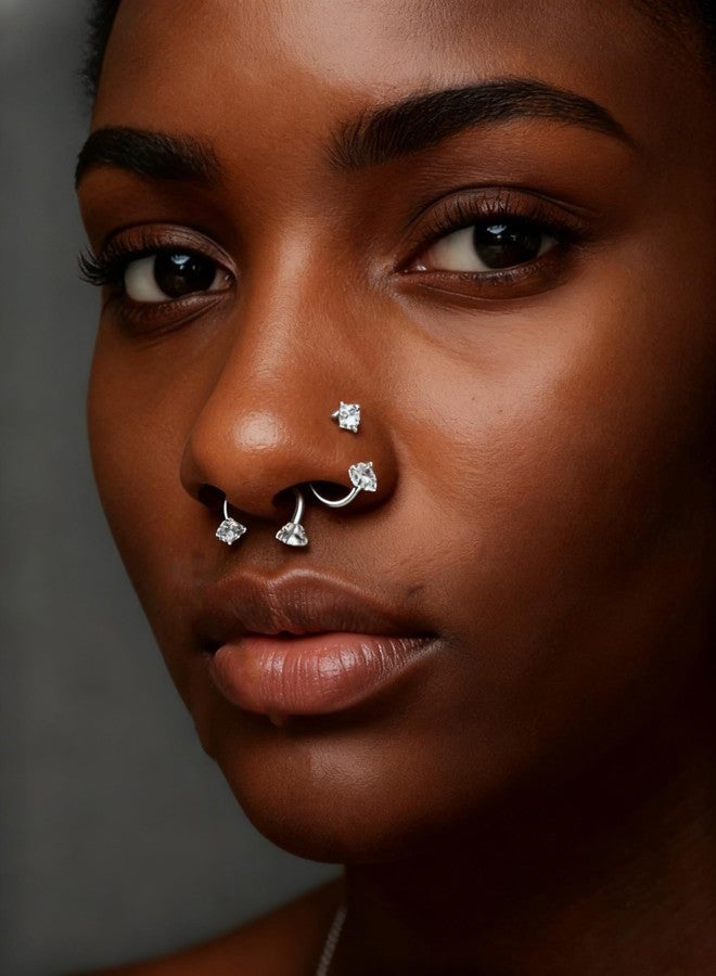 QWALIT Silver 18g Horseshoe Nose Ring Double Stud Gem Horse Shoe Nose Ring Hoop for Women Surgical Steel Half Tragus Earring Lip Helix Piercing Jewelry Septum Rings 8mm Septum Ball Screw Tool Threader - Image 3