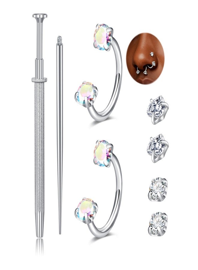 QWALIT Silver 18g Horseshoe Nose Ring Double Stud Gem Horse Shoe Nose Ring Hoop for Women Surgical Steel Half Tragus Earring Lip Helix Piercing Jewelry Septum Rings 8mm Septum Ball Screw Tool Threader - Image 1