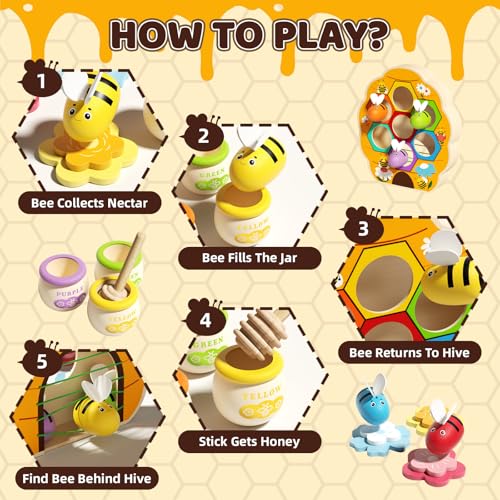 edutree Wooden Toddler Fine Motor Skill Toy Bee to Hive Matching Game with Honey Jar Sticks Montessori Color Sorting Matching Toys Preschool Educational Learning Toys Gift for Toddler 2 3 4 - Image 5