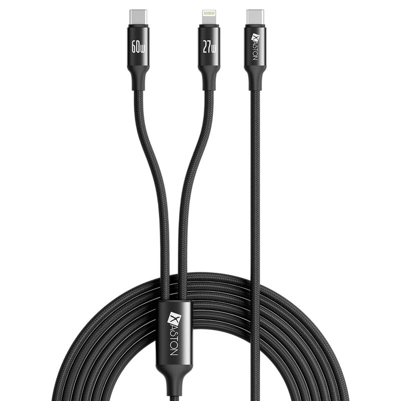 اكساستون كابل شحن 2 في 1 USB-C و Lightning، شحن سريع بقدرة 60 واط PD + شحن سريع بقدرة 27 واط، نقل بيانات بسرعة 480 ميجابت/ثانية، كابل شحن مزدوج مضفر من النايلون بطول 1.2 متر لأجهزة iPhone 16 15 14 13، MacBook، iPad (أسود) - Image 1