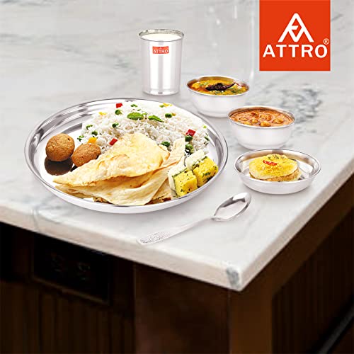 Attro 36 Pieces Smart Stainless Steel Dinnerware/Dinner Set - 6 Thali, 6 D.Plate, 12 Bowl, 6 Glass, 6 Spoon, Kitchen Set for Home & Restaurants, Family - Silver,Solid - Image 3