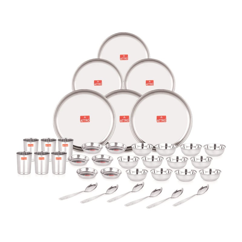 Attro 36 Pieces Smart Stainless Steel Dinnerware/Dinner Set - 6 Thali, 6 D.Plate, 12 Bowl, 6 Glass, 6 Spoon, Kitchen Set for Home & Restaurants, Family - Silver,Solid - Image 5