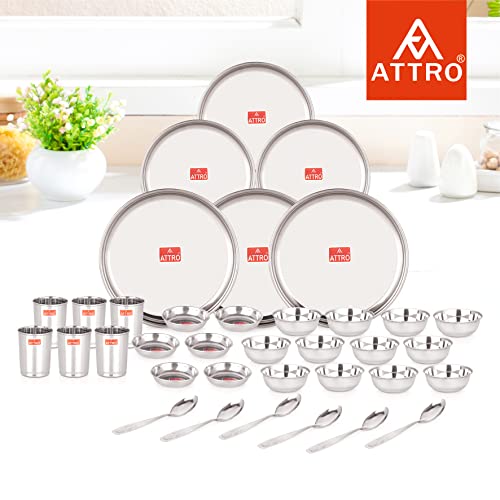 Attro 36 Pieces Smart Stainless Steel Dinnerware/Dinner Set - 6 Thali, 6 D.Plate, 12 Bowl, 6 Glass, 6 Spoon, Kitchen Set for Home & Restaurants, Family - Silver,Solid - Image 2