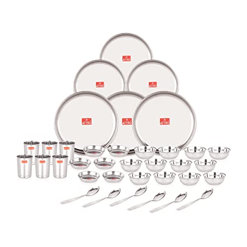 Attro 36 Pieces Smart Stainless Steel Dinnerware/Dinner Set - 6 Thali, 6 D.Plate, 12 Bowl, 6 Glass, 6 Spoon, Kitchen Set for Home & Restaurants, Family - Silver,Solid - Image 1