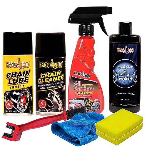 Kangaroo Premium Bike Care Kit Contains Chain Lube | Chain Cleaner | All For One Polish | Metal Polish | 1 Microfiber Cloth With 2 Foam Applicator Total Bike Protection Kit (Small Pack (150)) - Image 1