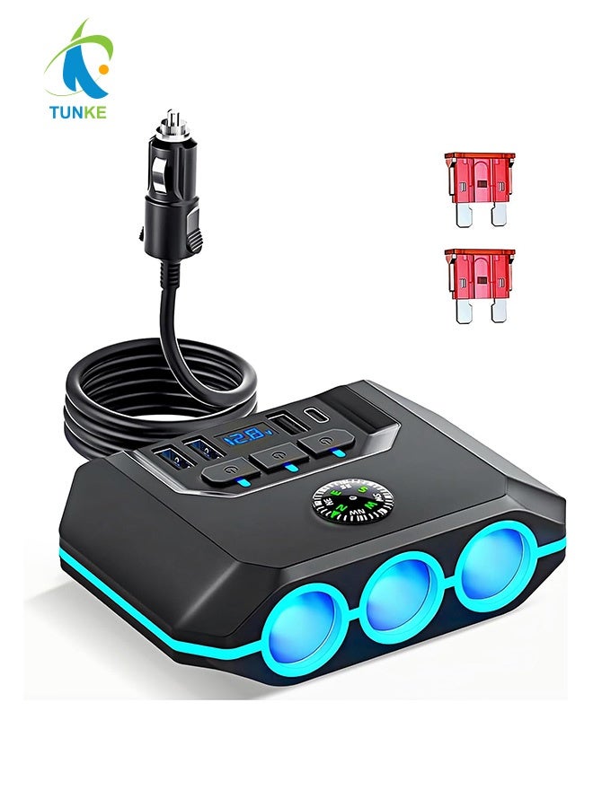 TUNKE Car Cigarette Lighter Splitter, Car Charger Adapter 120W QC 3.0 & PD 20W with 3 Sockets, 12V/24V Vehicle Cigarette Lighter Adapter Plug Power Outlet with Voltmeter, Fast USB Phone Charger,Gift for Men - Image 1
