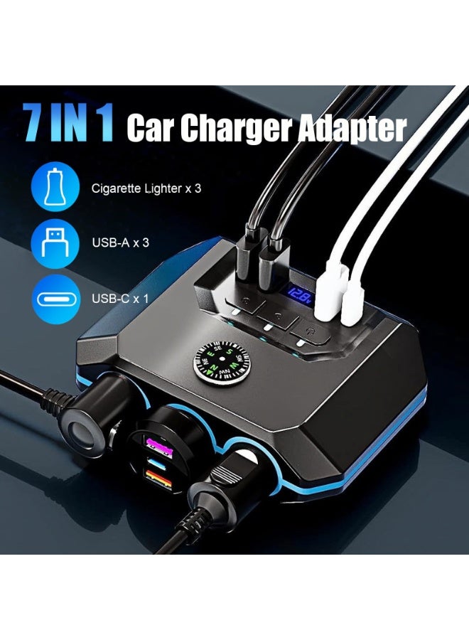 TUNKE Car Cigarette Lighter Splitter, Car Charger Adapter 120W QC 3.0 & PD 20W with 3 Sockets, 12V/24V Vehicle Cigarette Lighter Adapter Plug Power Outlet with Voltmeter, Fast USB Phone Charger,Gift for Men - Image 2