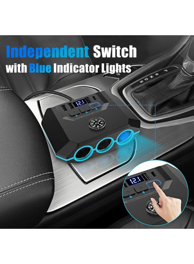 TUNKE Car Cigarette Lighter Splitter, Car Charger Adapter 120W QC 3.0 & PD 20W with 3 Sockets, 12V/24V Vehicle Cigarette Lighter Adapter Plug Power Outlet with Voltmeter, Fast USB Phone Charger,Gift for Men - Image 5