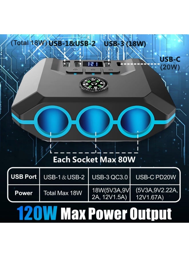 TUNKE Car Cigarette Lighter Splitter, Car Charger Adapter 120W QC 3.0 & PD 20W with 3 Sockets, 12V/24V Vehicle Cigarette Lighter Adapter Plug Power Outlet with Voltmeter, Fast USB Phone Charger,Gift for Men - Image 3